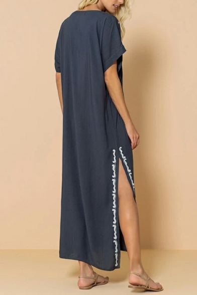 Street Look Dress Floral Pattern Slit V-neck Short-sleeved Maxi Swing Dress for Women