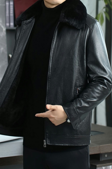 Urban Mens Jacket Solid Pocket Fleece Spread Collar Regular Zip Closure Leather Fur Jacket