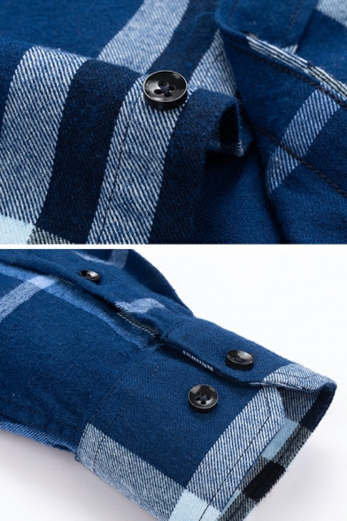 Vintage Boy's Shirt Plaid Printed Pocket Point Collar Long Sleeve Button Up Shirt