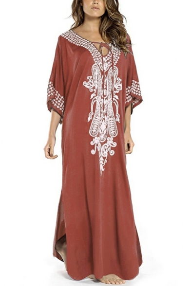 Women Edgy Dress Tribal Pattern Drawstring V-neck 3/4 Length Sleeve Slit Maxi Beach Dress