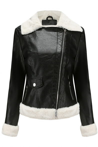 Women's Winter Leather Jacket Fleece Long Sleeve Lapel Zipper Jacket