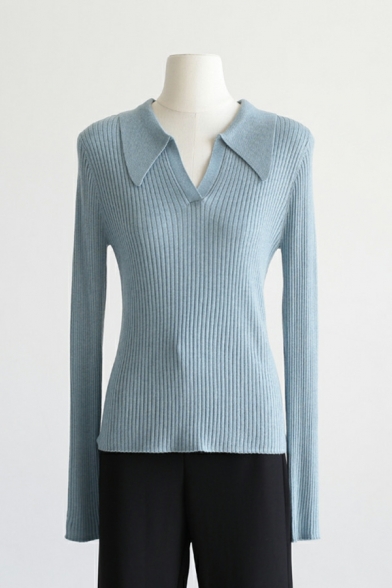 Casual Womens Whole Colored V-Neck Long Sleeve Regular Knitted Top