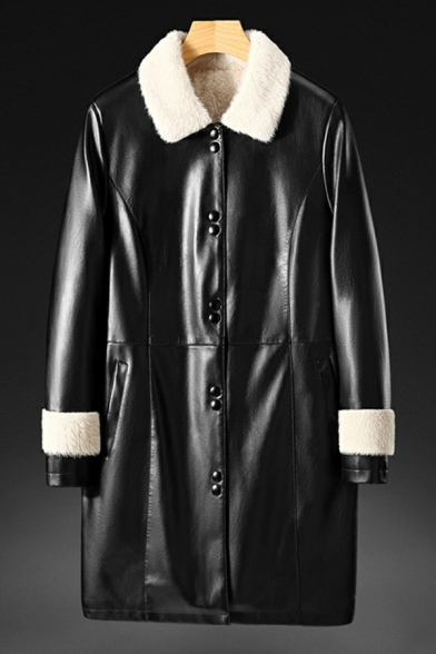 Chic Jacket Control Color Spread Collar Long Sleeves Button Fly Leather Fur Jacket for Men