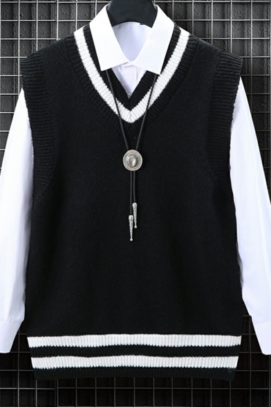 Cool Guy's Color Block Rib Hem V-Neck Sleeveless Relaxed Knitted Vest