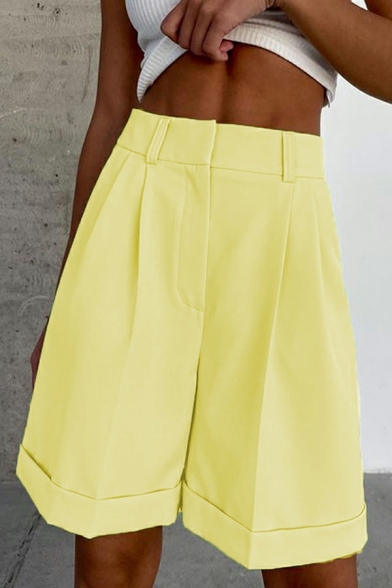 Fashionable Plain High Waist Pocket Detailed Zip Fly Shorts for Girls