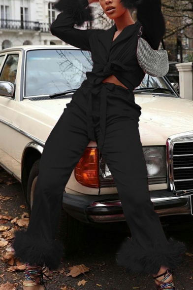 Fashionable Women's Plain Lapel Collar Long Sleeve Button Blazer with Pants Regular Set