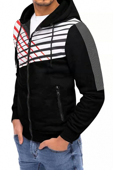 Guy's Fashionable Stripe Print Pocket Long Sleeves Hooded Drawstring Slim Zipper Coat