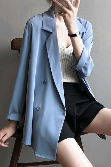 Ladies Freestyle Pure Color Pocket Lapel Collar Regular Double Breasted Blazer