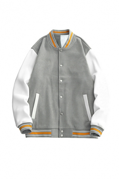 Men Unique Contrast Stripe Long Sleeve Relaxed Stand Collar Button Fly Baseball Jacket