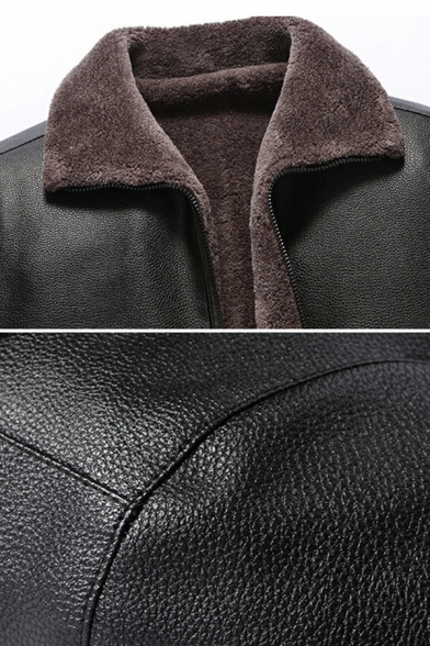 Mens Pop Solid Color Regular Spread Collar Long Sleeves Zip up Leather Fur Jacket