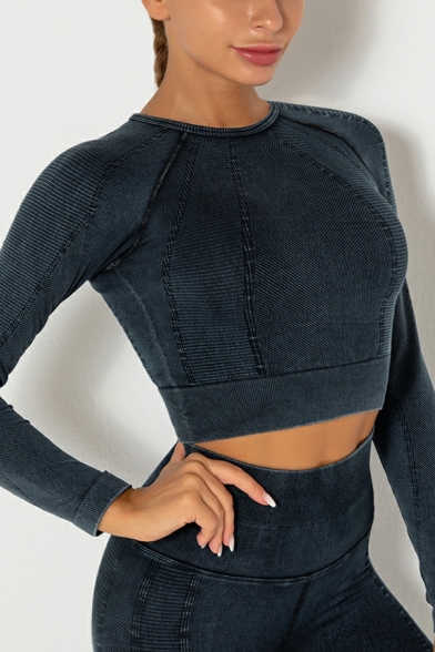 Popular Women Solid Slimming Long-sleeved Crew Neck Cropped Tee Top