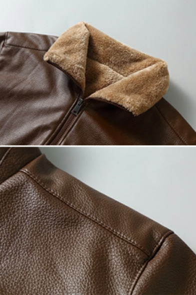 Street Style Guy's Jacket Solid Color Pocket Long Sleeve Regular Zipper Leather Fur Jacket