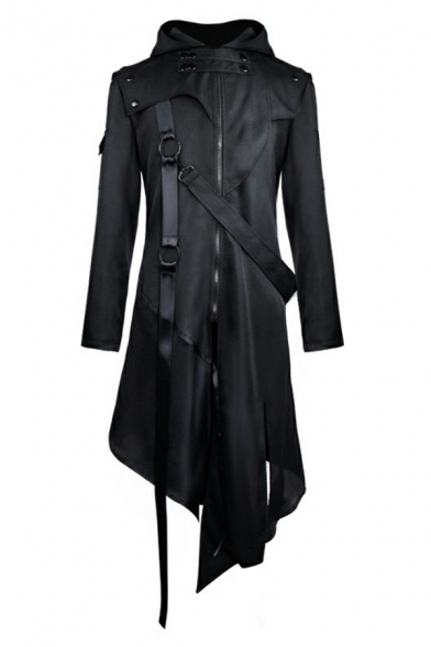 Street Style Guys Plain Lace-up Long Sleeve Regular Hooded Zip down Irregular Hem Jacket