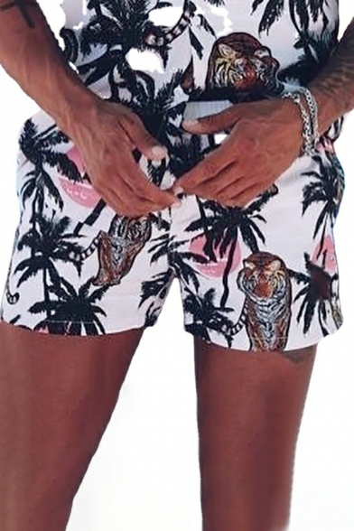 Street Style Tropical Print Mid Rise Drawstring Waist Slim Fitted Shorts for Boys