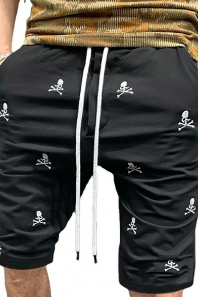 Trendy Skull Printed Pocket Designed Slimming Drawstring Waist Shorts for Men