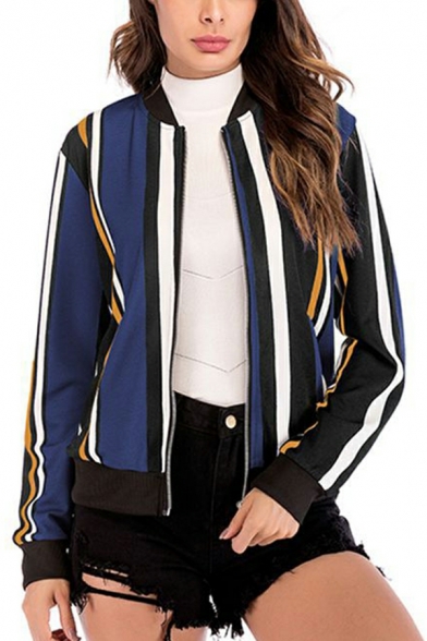 Women Street Style Stripe Pattern Long Sleeve Stand Collar Regular Zip Placket Jacket