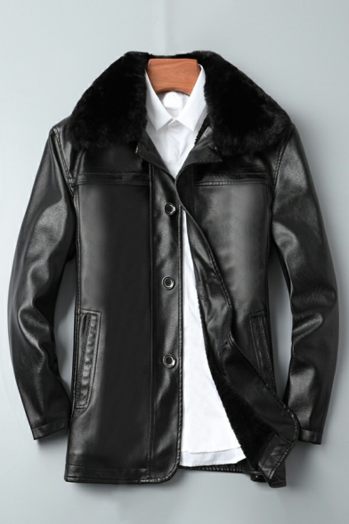 Boy's Basic Solid Pocket Spread Collar Long-sleeved Regular Button Fly Leather Fur Jacket