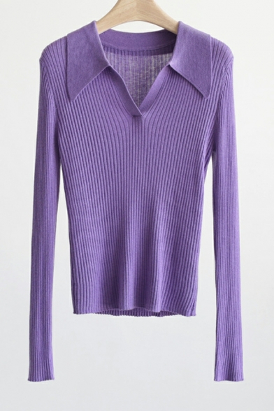 Casual Womens Whole Colored V-Neck Long Sleeve Regular Knitted Top