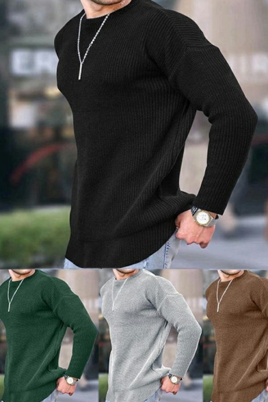 Classic Sweater Pure Color Long-sleeved Crew Neck Slimming Pullover Sweater for Men