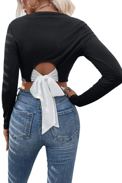 Cozy Contrast Color Round Neck Long-sleeved Bow Detailed Crop Knitted Top for Ladies