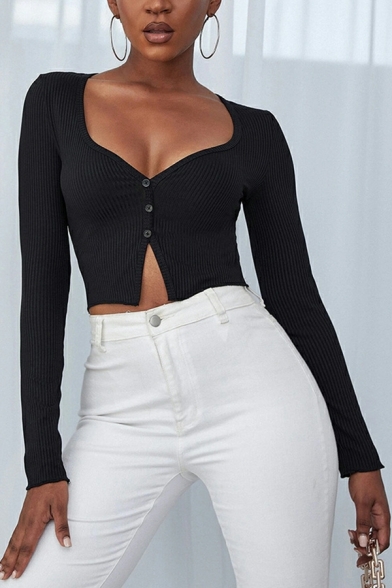 Fashion Ladies Pure Color Long Sleeve V-neck Button Closure Crop Knitted Top