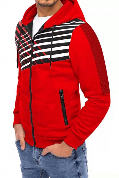 Guy's Fashionable Stripe Print Pocket Long Sleeves Hooded Drawstring Slim Zipper Coat
