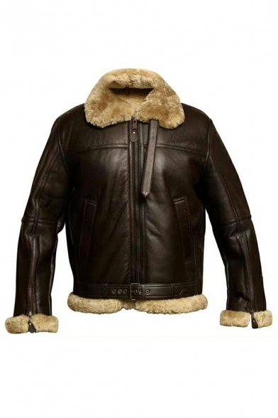 Men Cool Jacket Pure Color Spread Neck Long Sleeve Slim Zipper Leather Fur Jacket for Men