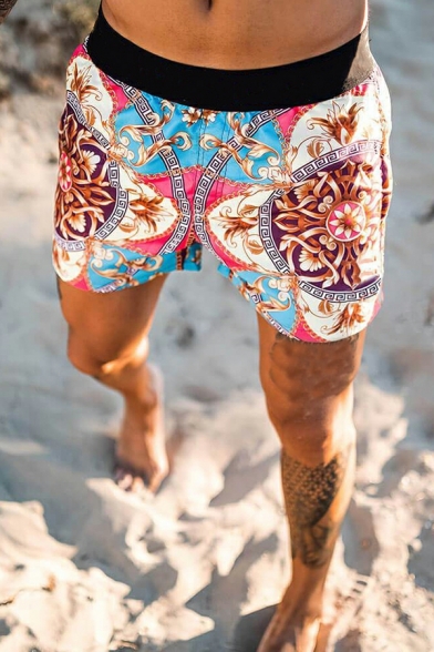 Men Cool Tribal Print Pocket Elastic Waist Skinny Mid Rise Shorts