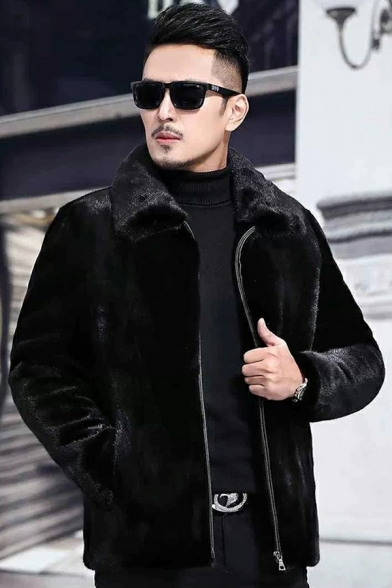 Mens Edgy Pure Color Pocket Hooded Fitted Long Sleeve Zip Placket Leather Fur Jacket