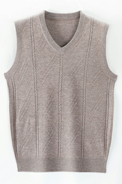 Mens Simple Whole Colored Rib Hem V Neck Sleeveless Fitted Knitted Vest
