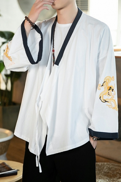 Pop Mens Dragon Pattern Pocket Long Sleeve Baggy V Neck Hanfu Jacket
