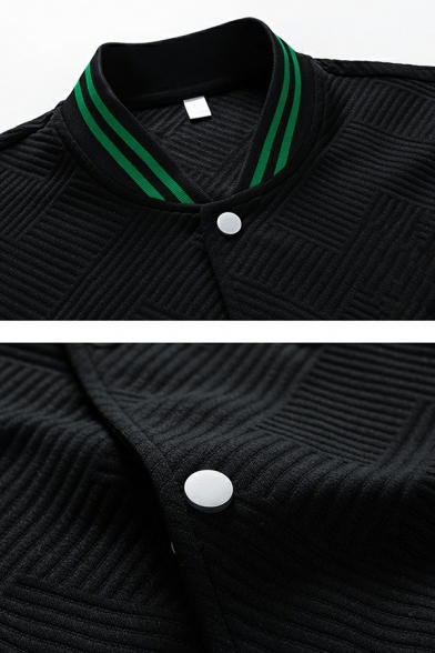 Retro Men Stripe Pattern Rib Hem Stand Collar Pocket Baggy Button Fly Baseball Jacket