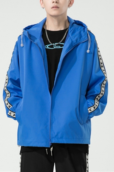 Street Look Color Block Drawstring Long Sleeves Loose Zip Fly Hooded Jacket for Guys