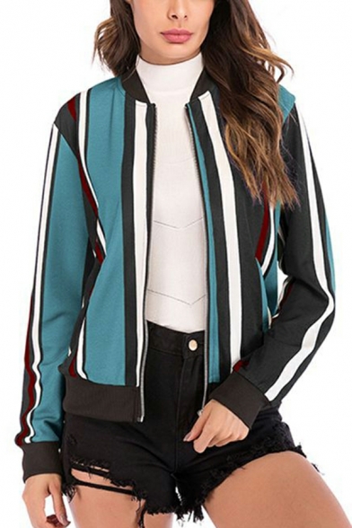 Women Street Style Stripe Pattern Long Sleeve Stand Collar Regular Zip Placket Jacket