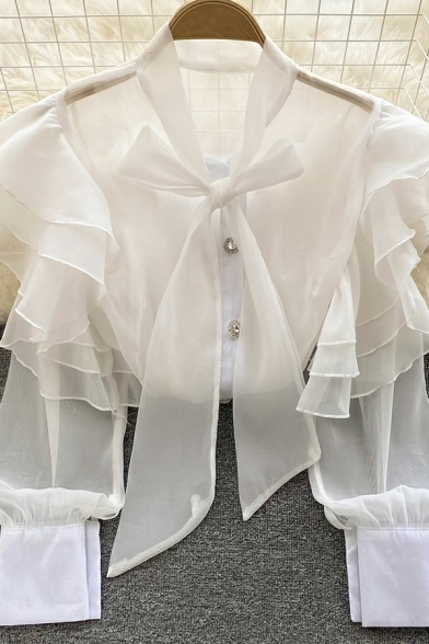 Fashion Women Shirt Pure Color Bow Turn-down Collar Ruffles Long-Sleeved Sheer Shirt