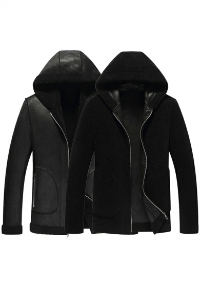 Mens Fashion Pure Color Pocket Hooded Fitted Long Sleeve Zipper Leather Fur Jacket
