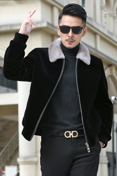 Street Look Plain Pocket Spread Collar Long Sleeves Zip Fly Leather Fur Jacket for Boys