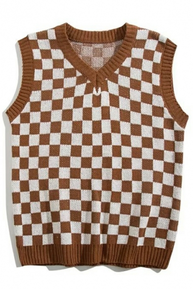 Vintage Checked Print V Neck Sleeveless Loose Fit Rib Hem Knitted Vest for Guys