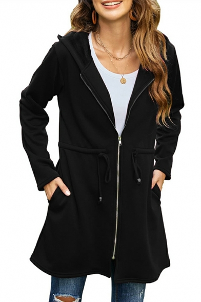 Women Novelty Whole Colored Long Sleeve Hooded Regular Zip Placket Jacket