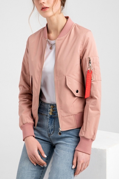Basic Jacket Solid Color Long-sleeved Stand Collar Zip-up Pocket Regular Jacket for Girls