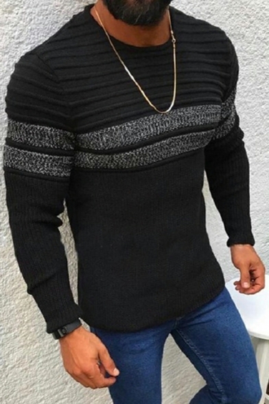 Basic Sweater Contrast Line Long Sleeves Round Neck Skinny Pullover Sweater for Men