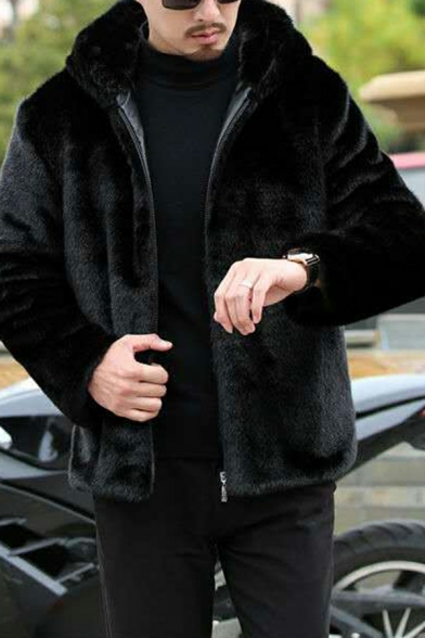 Classic Whole Colored Spread Collar Long Sleeves Zip Closure Leather Fur Jacket for Guys