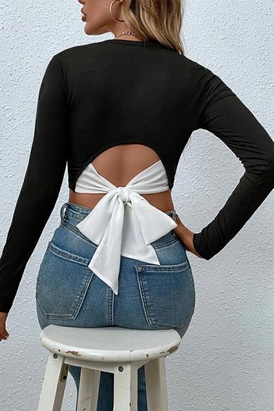 Cozy Contrast Color Round Neck Long-sleeved Bow Detailed Crop Knitted Top for Ladies
