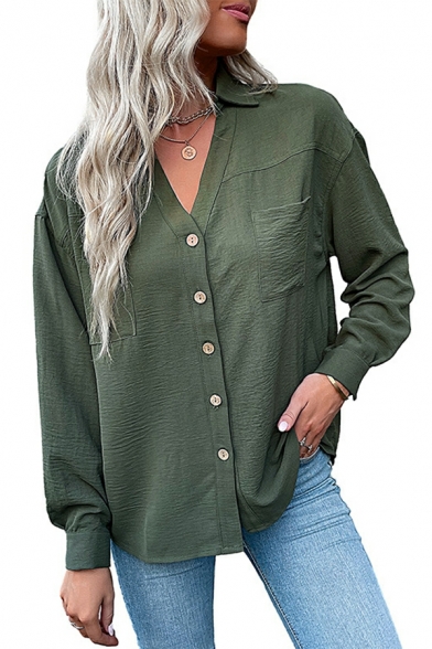 Fashionable Shirt Plain Long Sleeves V-neck Pocket Design Button Fly Shirt for Ladies