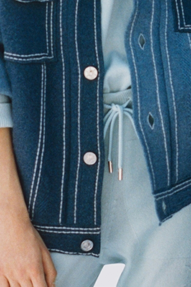 Girls Basic Contrast Color Spread Collar Long Sleeve Chest Pocket Button Fly Denim Jacket