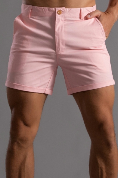 Men Vintage Plain Pocket Designed Mid Rise Slim Fit Zip Closure Shorts