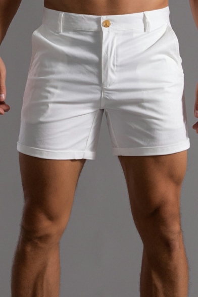 Men Vintage Plain Pocket Designed Mid Rise Slim Fit Zip Closure Shorts