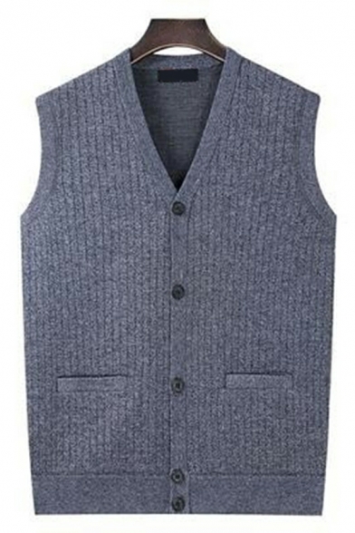 Mens Fashion Pure Color V-neck Sleeveless Regular Button Closure Knitted Vest