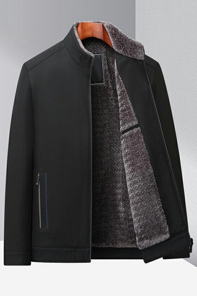 Mens Trendy Plain Stand Collar Long Sleeves Regular Zip Down Leather Fur Jacket