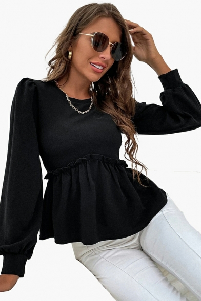 Women Leisure Pure Color Round Neck Long Sleeves Ruffles Designed Knitted Top